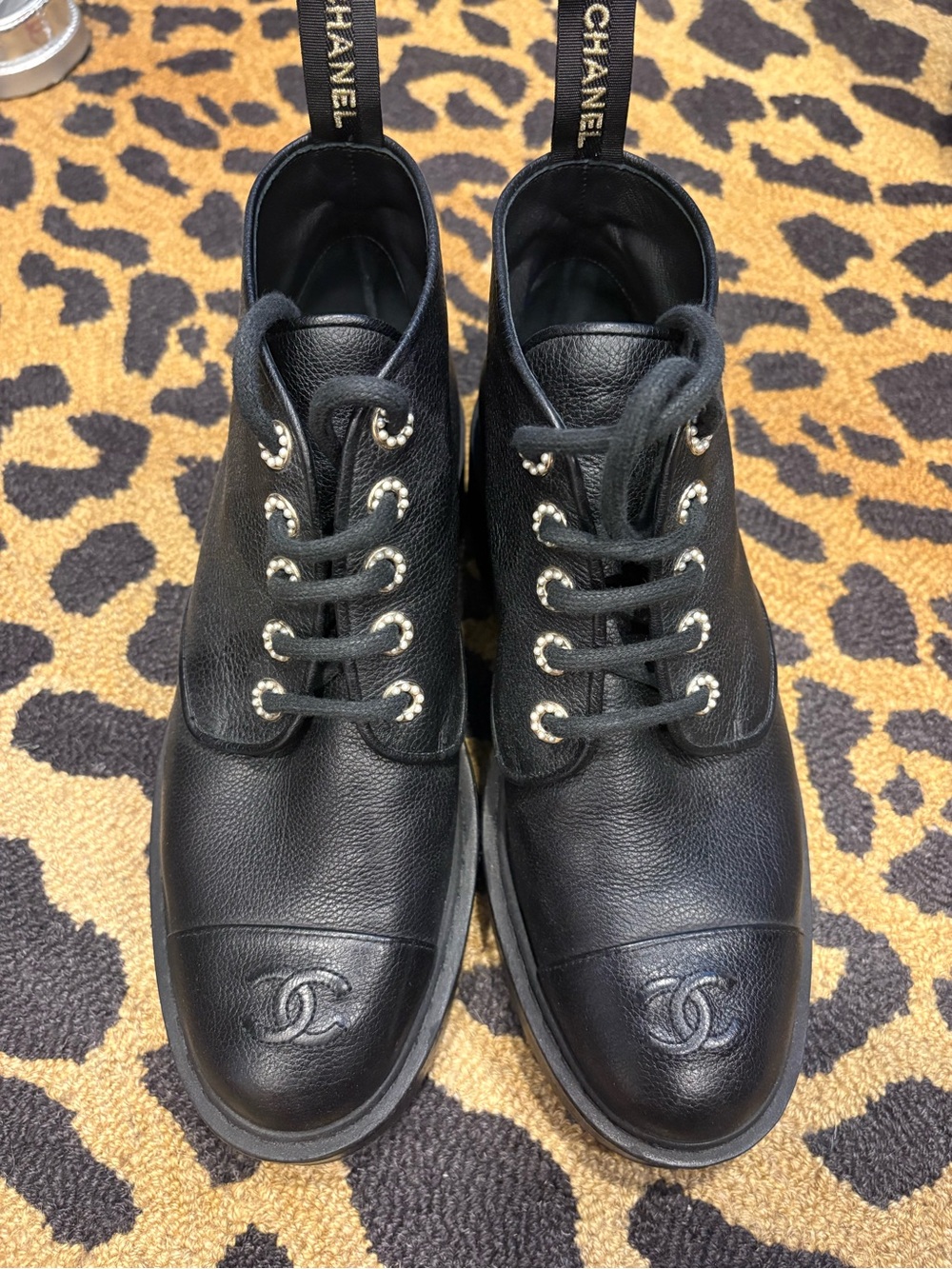 CHANEL Pebbled Leather CC Ankle Boots